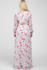 Ivory Floral Chiffon Long Sleeve Pleated Maternity Maxi Dress