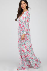Ivory Floral Chiffon Long Sleeve Pleated Maxi Dress