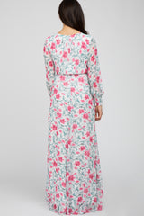 Ivory Floral Chiffon Long Sleeve Pleated Maxi Dress