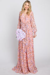 Pink Floral Chiffon Long Sleeve Pleated Maxi Dress