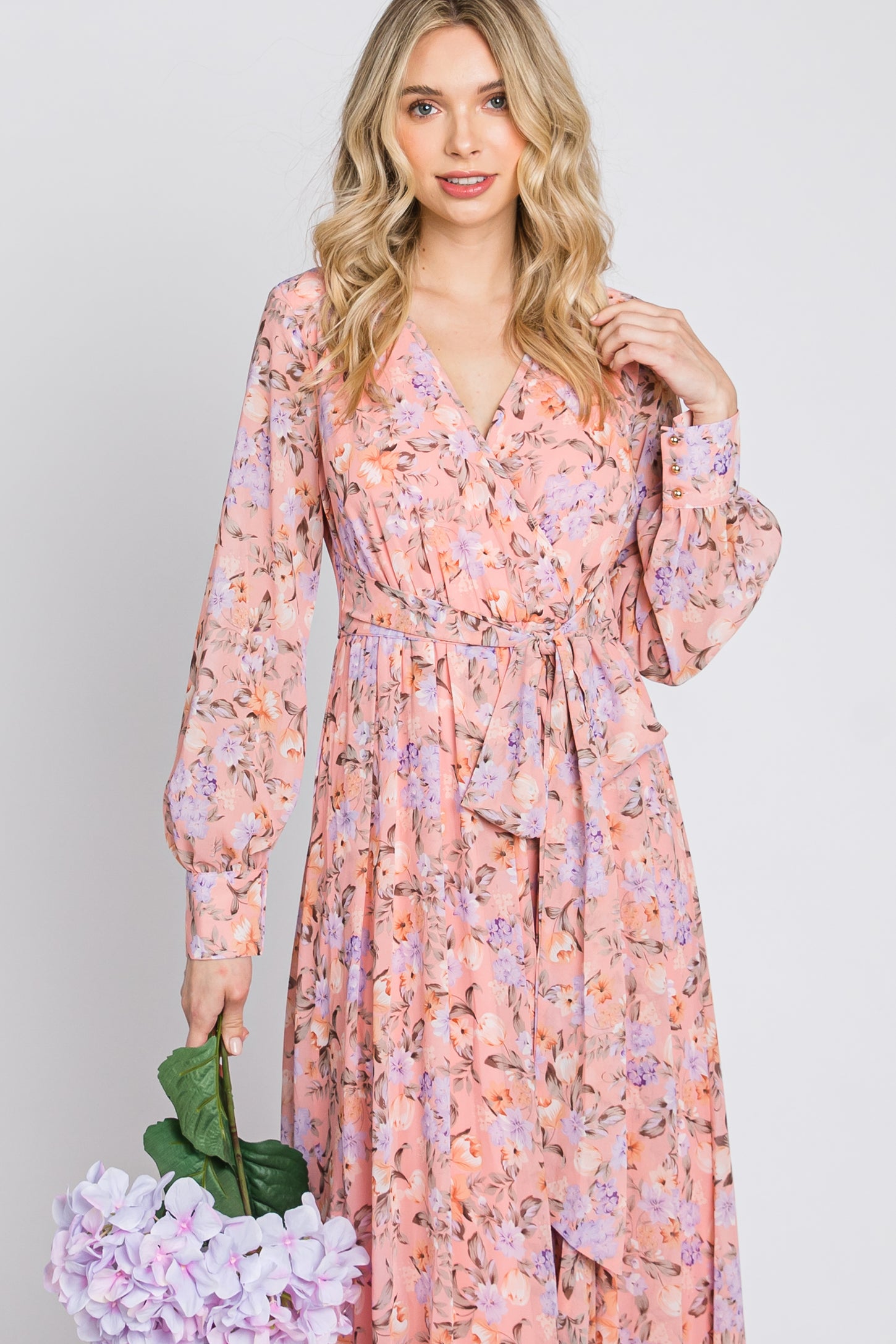 Pink Floral Chiffon Long Sleeve Pleated Maxi Dress– PinkBlush