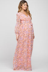 Pink Floral Chiffon Long Sleeve Pleated Maternity Maxi Dress