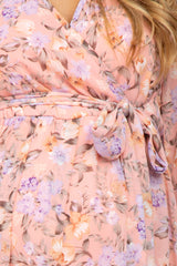 Pink Floral Chiffon Long Sleeve Pleated Maternity Maxi Dress