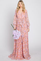 Pink Floral Chiffon Long Sleeve Pleated Maxi Dress