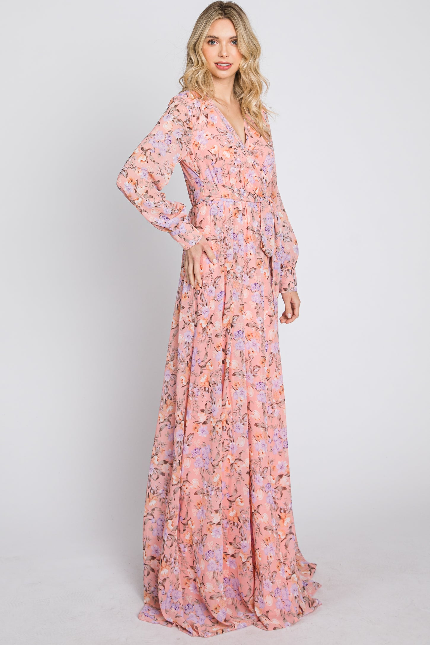 Pink Floral Chiffon Long Sleeve Pleated Maxi Dress– PinkBlush