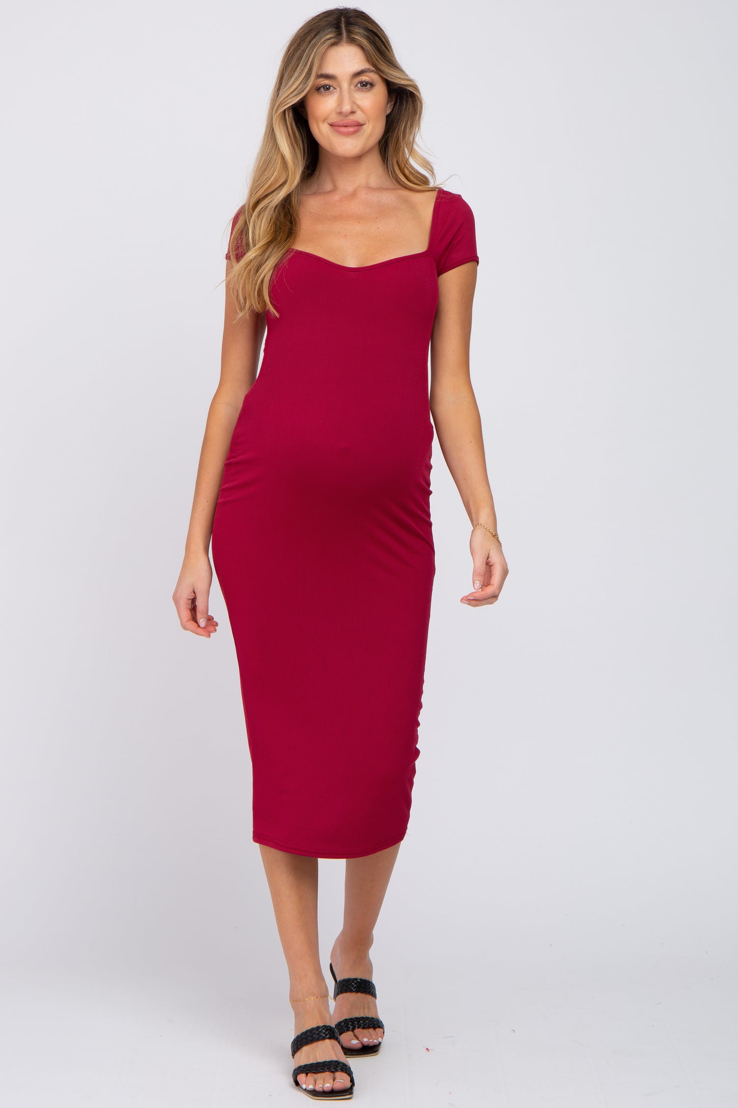 Burgundy Ribbed Sweetheart Neckline Maternity Fitted Dress