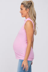 Pink Ribbed Sleeveless Mock Neck Maternity Top