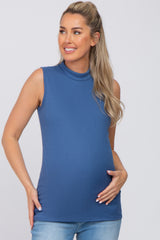 Blue Ribbed Sleeveless Mock Neck Maternity Top