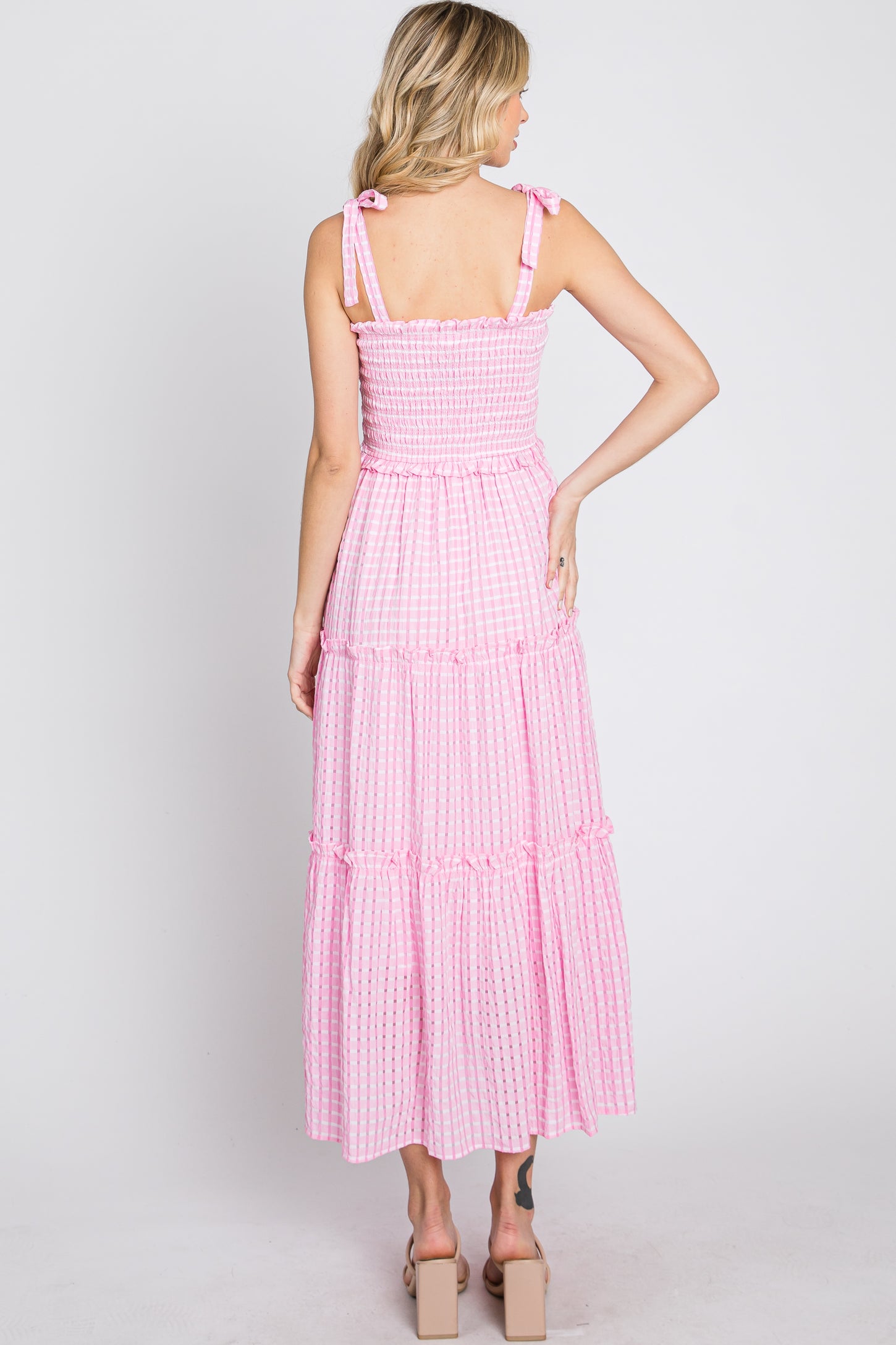 Pink Striped Smocked Shoulder Tie Midi Dress