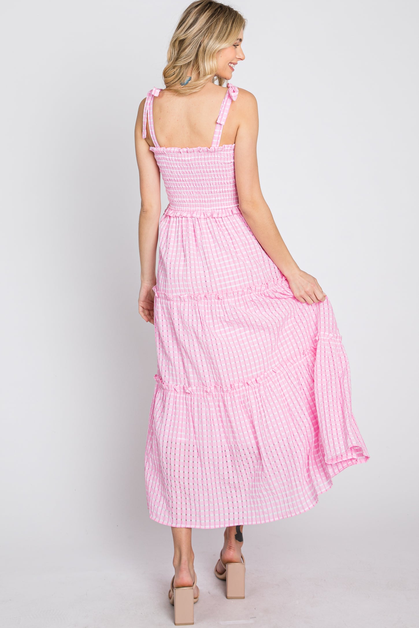 Pink Striped Smocked Shoulder Tie Midi Dress
