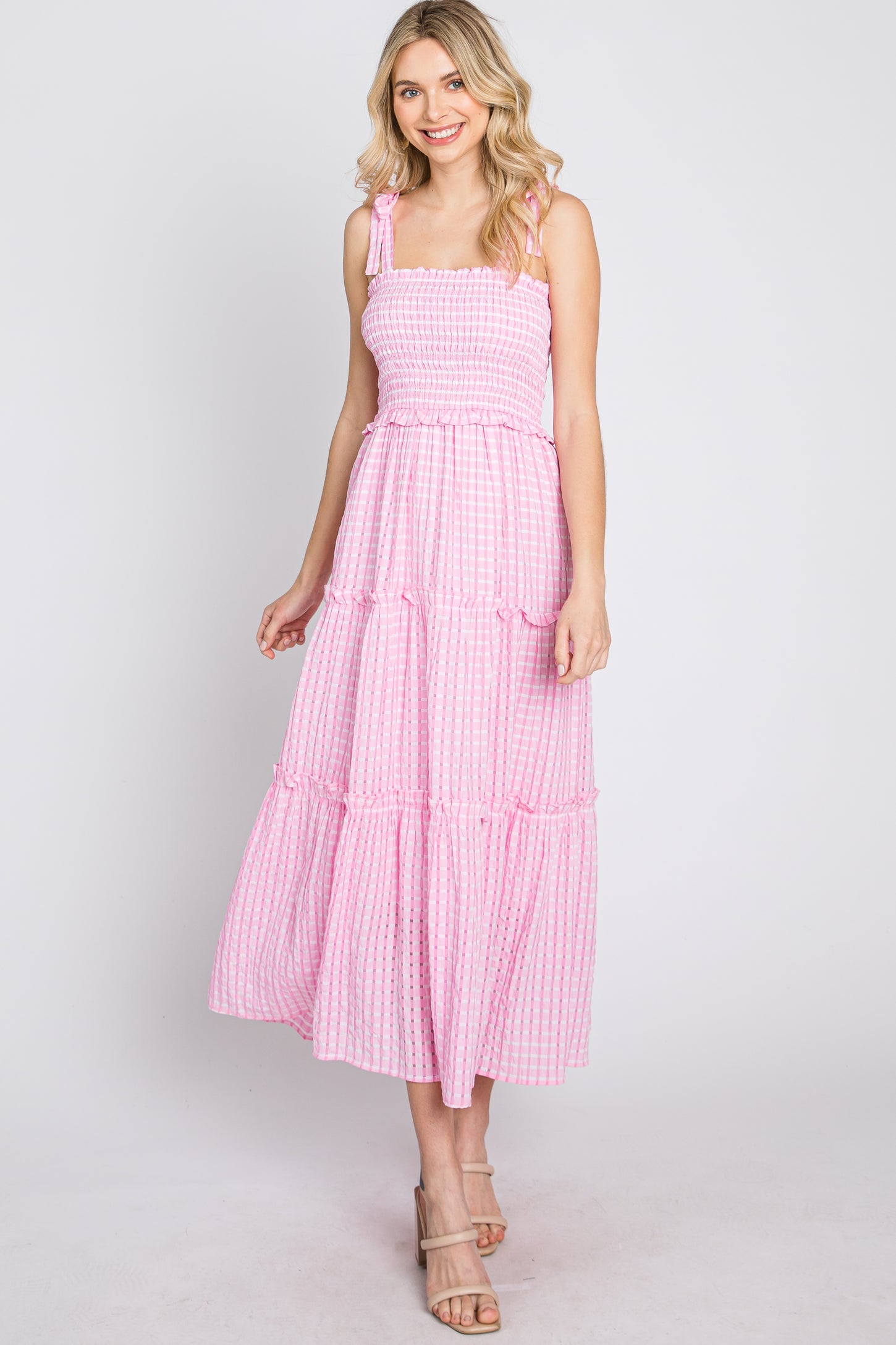 Pink Striped Smocked Shoulder Tie Midi Dress