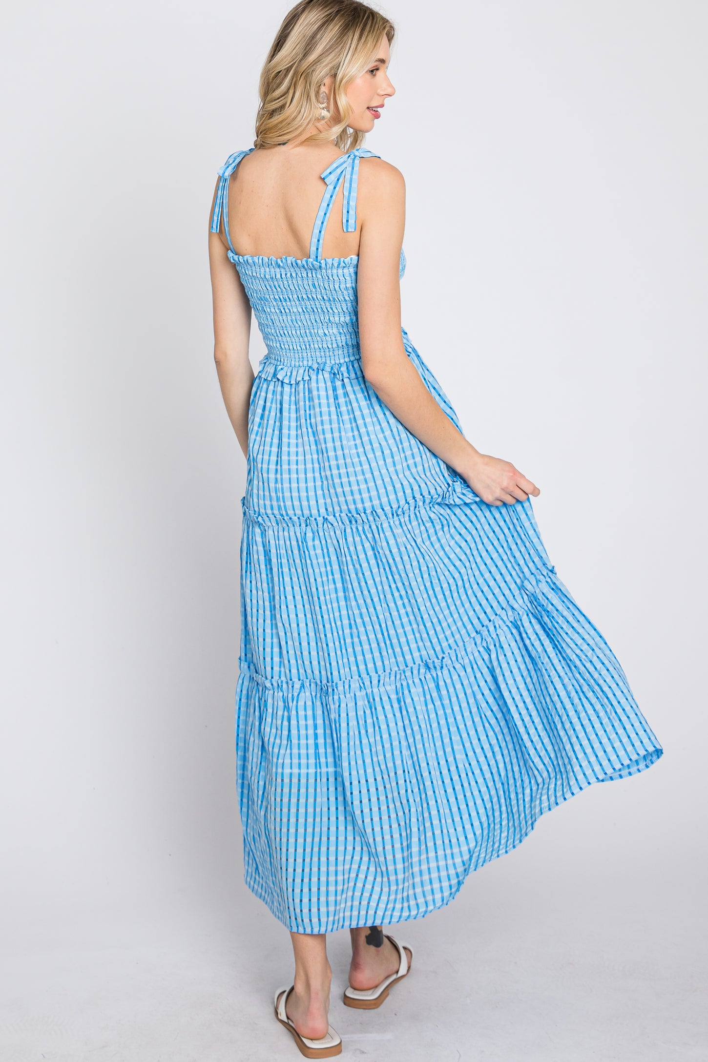 Blue Striped Smocked Shoulder Tie Midi Dress