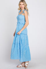 Blue Striped Smocked Shoulder Tie Midi Dress