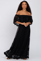 Black Lace Overlay Off Shoulder Maternity Maxi Dress