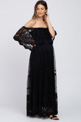 Black Lace Overlay Off Shoulder Maternity Maxi Dress