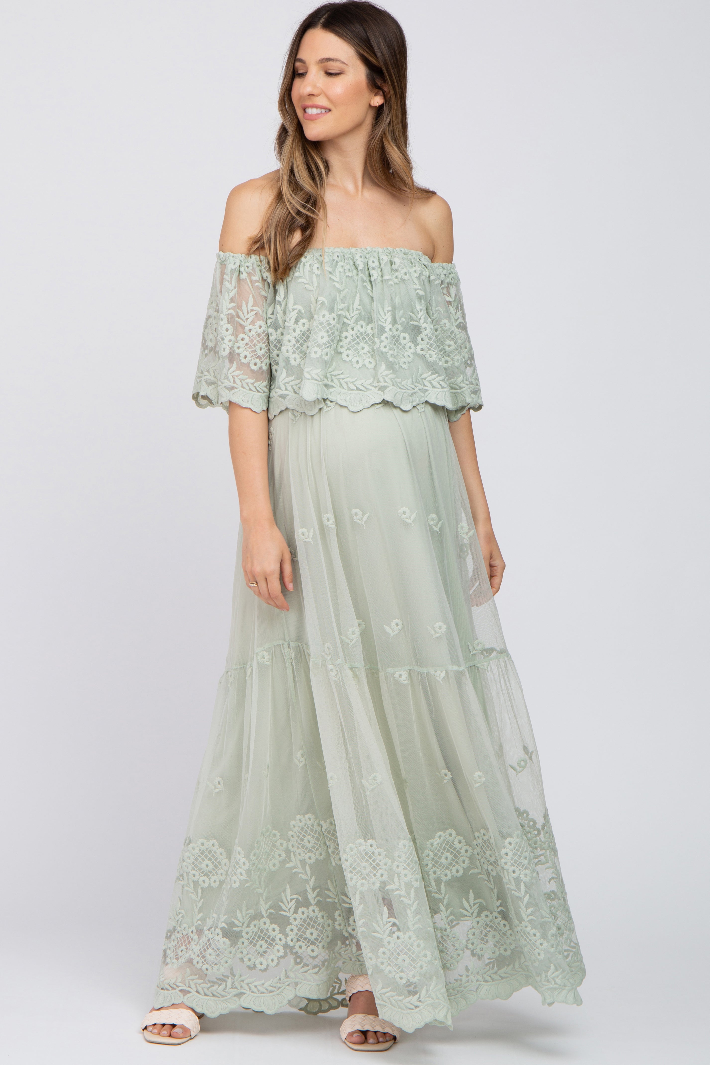 Light Green Lace Overlay Off Shoulder Maternity Maxi Dress – PinkBlush