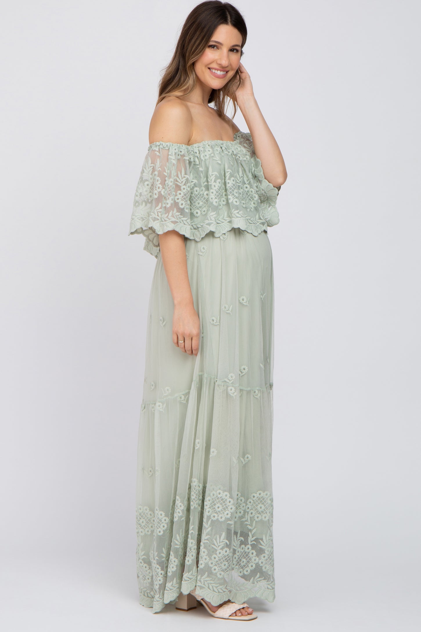 Light Green Lace Overlay Off Shoulder Maternity Maxi Dress
