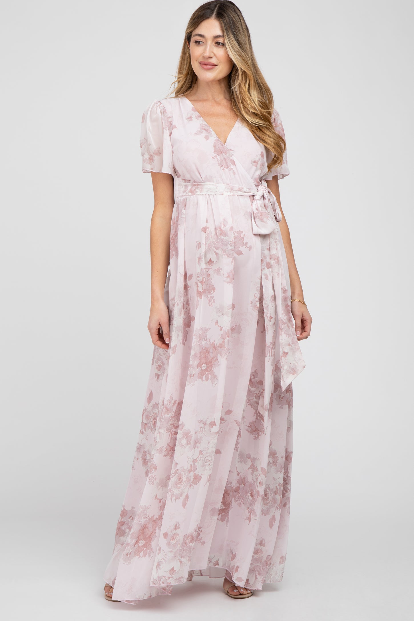 Light Pink Floral Chiffon Wrap Front Short Sleeve Maternity Maxi Dress ...