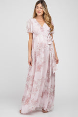 Light Pink Floral Chiffon Wrap Front Short Sleeve Maternity Maxi Dress