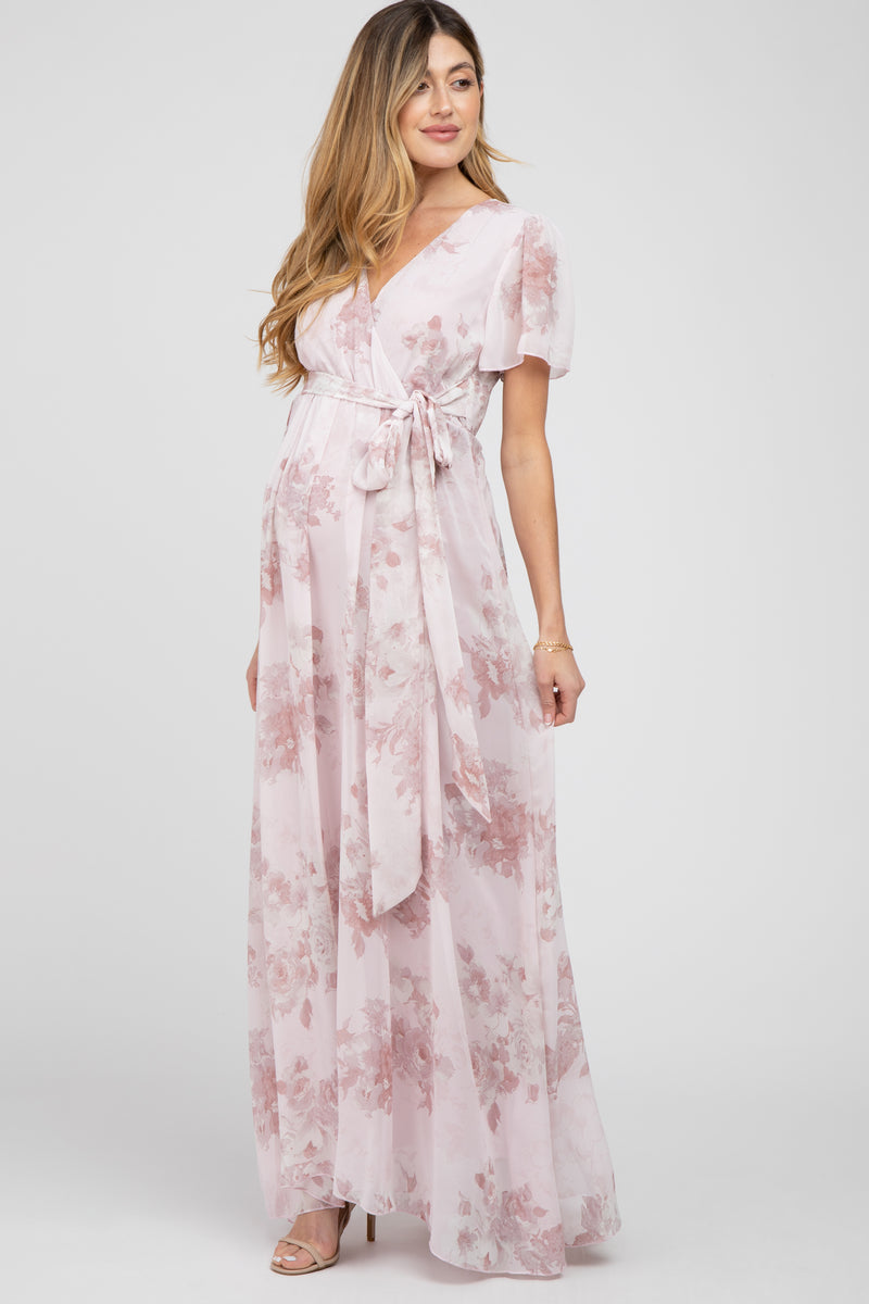 Light Pink Floral Chiffon Wrap Front Short Sleeve Maternity Maxi Dress ...