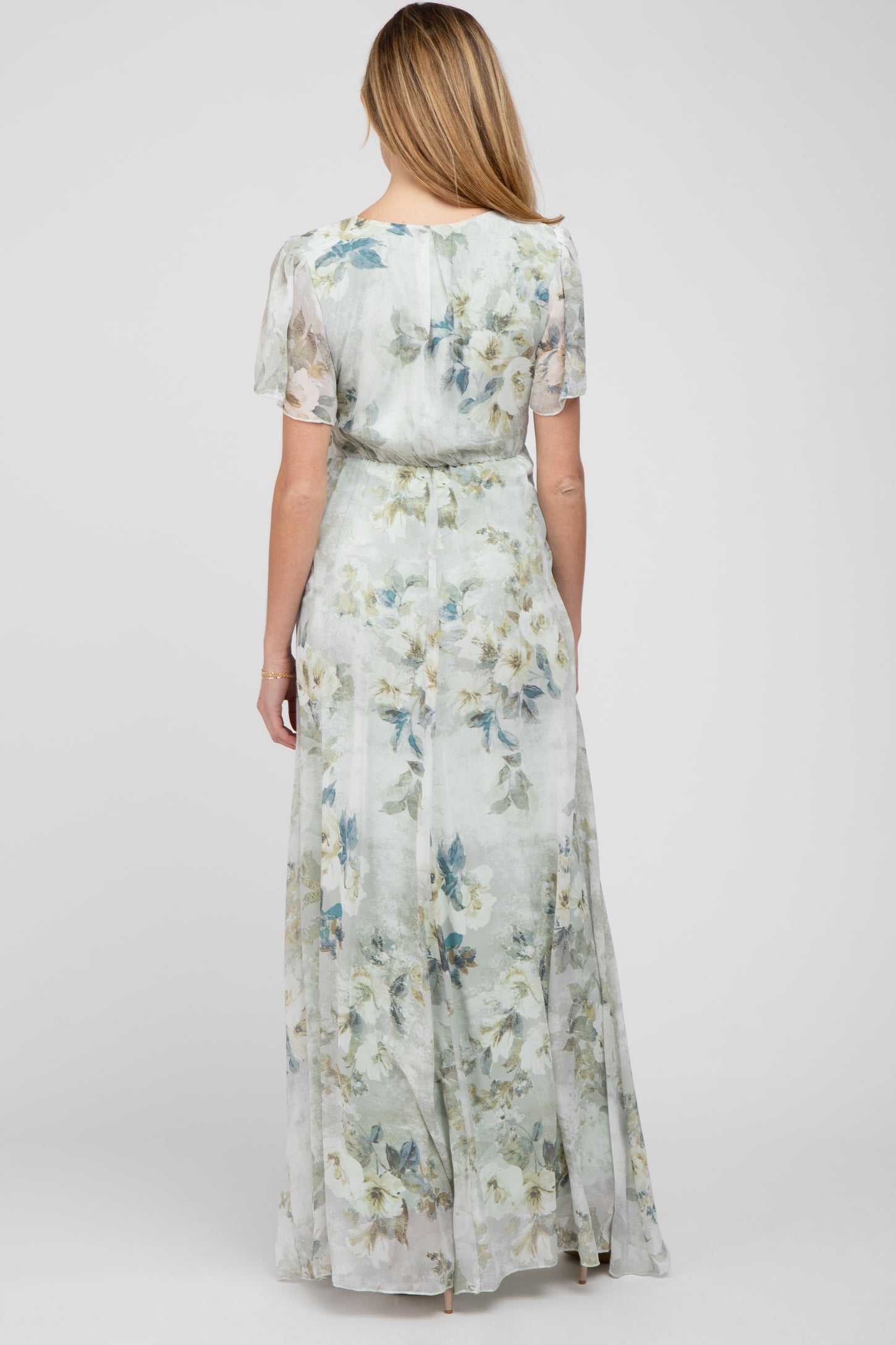 Light Olive Floral Chiffon Wrap Front Short Sleeve Maternity Maxi