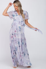 Lavender Floral Chiffon Wrap Front Short Sleeve Maternity Maxi Dress