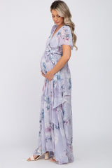 Lavender Floral Chiffon Wrap Front Short Sleeve Maternity Maxi Dress