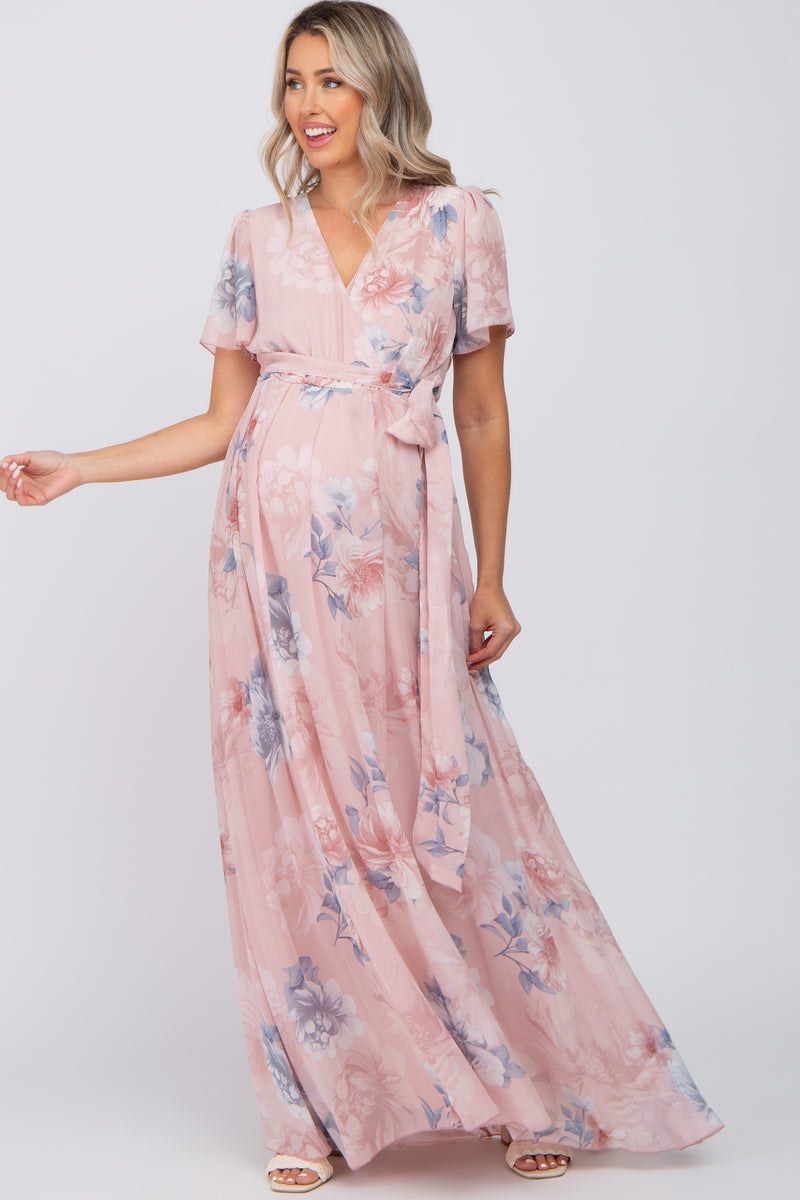 Pink Floral Maternity Maxi Dress