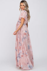 Pink Floral Chiffon Wrap Front Short Sleeve Maternity Maxi Dress