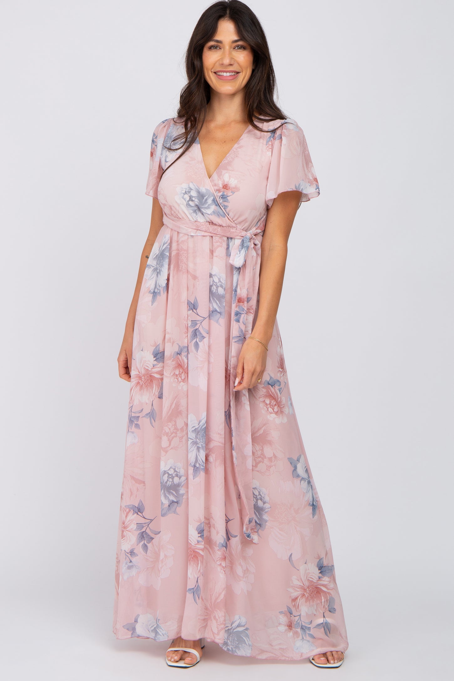 pink chiffon wrap dress Valerie Chiffon Faux Wrap Dress