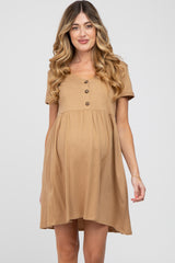 Camel Button Front Basic Maternity Dress