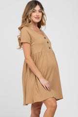 Camel Button Front Basic Maternity Dress
