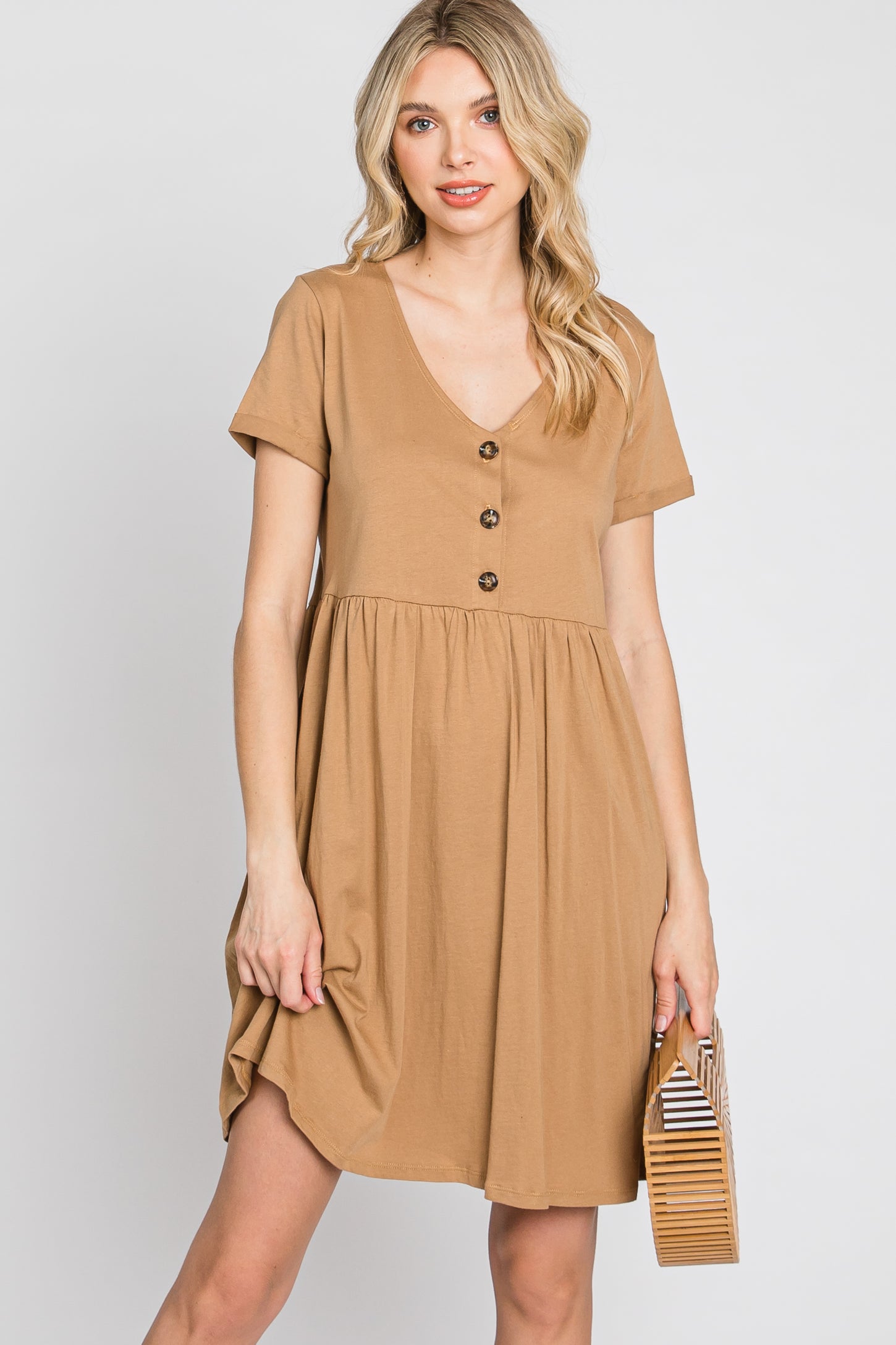 Camel Button Front Basic Maternity Dress