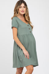 Olive Button Front Basic Maternity Dress