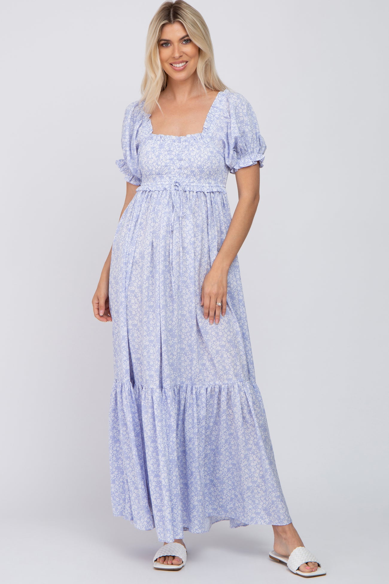 Blue Ditsy Floral Smocked Puff Sleeve Maxi Dress– PinkBlush