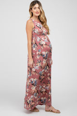 Mauve Floral Sleeveless Maternity Maxi Dress