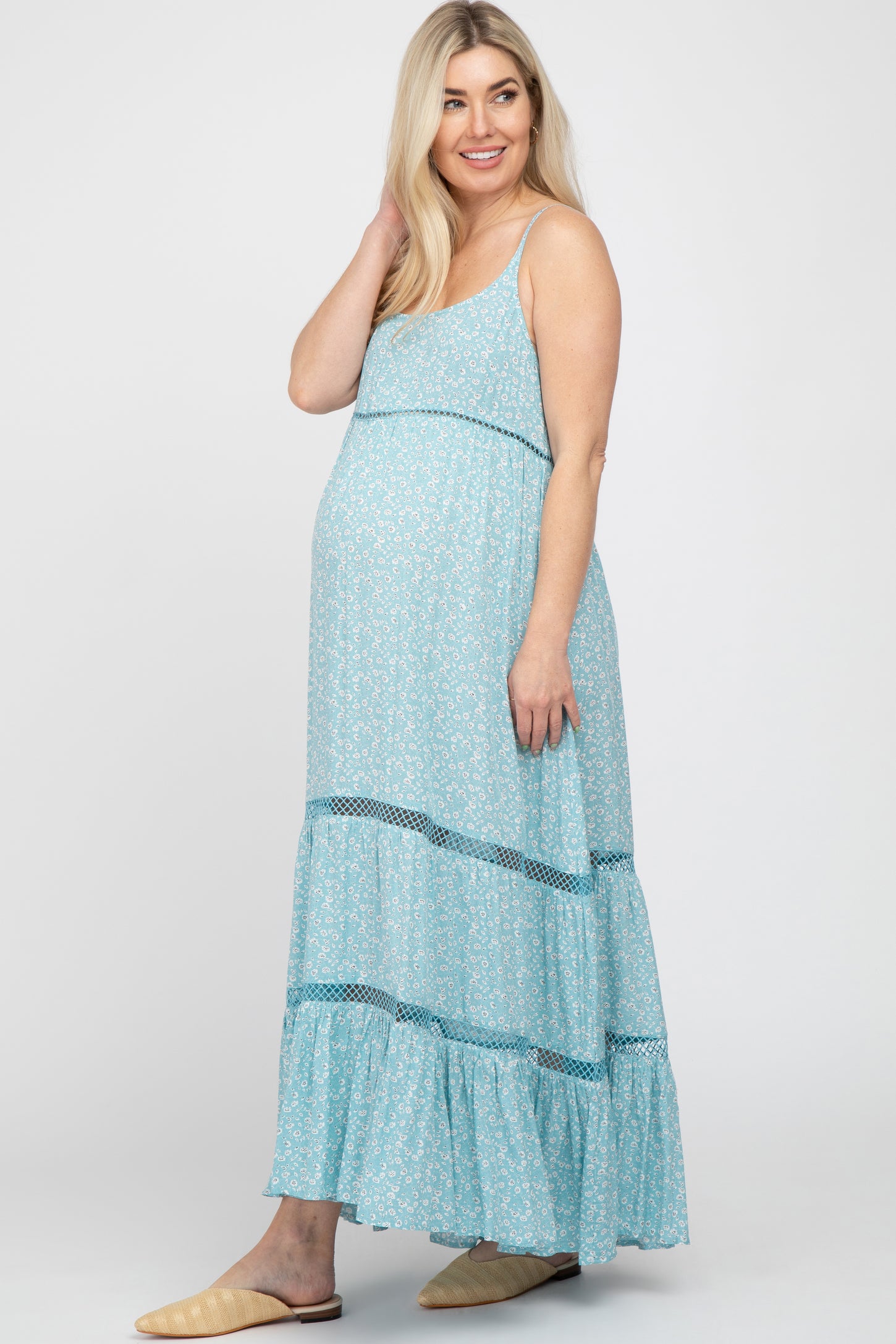 Light Blue Ditsy Floral Crochet Accent Maternity Maxi Dress– PinkBlush