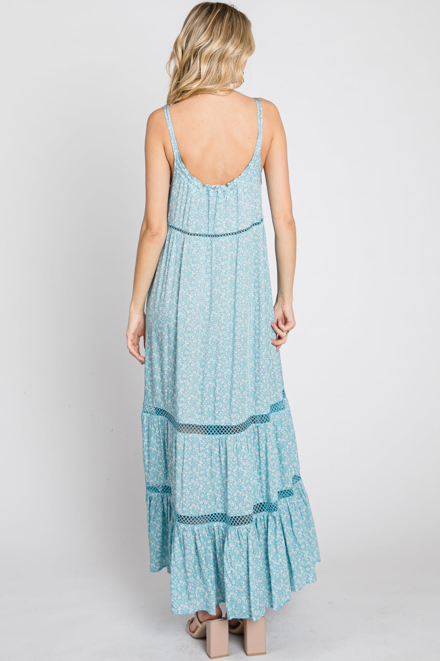 Light Blue Ditsy Floral Crochet Accent Maxi Dress