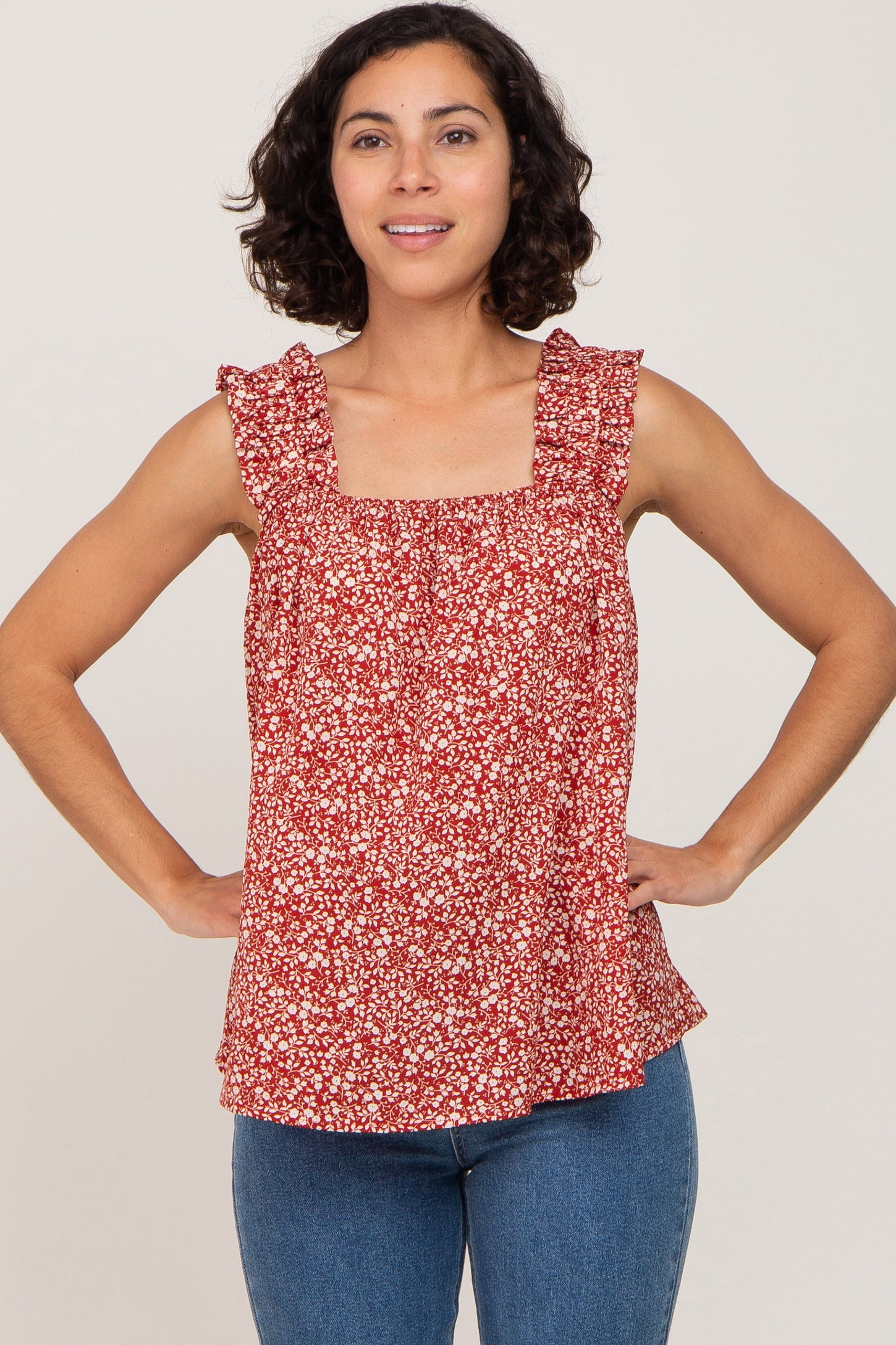 Rust Floral Square Neck Ruffle Strap Top