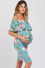 Mint Green Floral Off Shoulder Maternity Fitted Dress