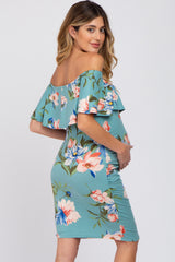 Mint Green Floral Off Shoulder Maternity Fitted Dress
