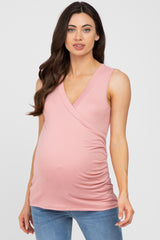 Pink Crossover Ruched Maternity Nursing Tank
