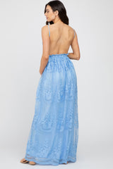 Blue Crochet Lace Open Back Maternity Maxi Dress