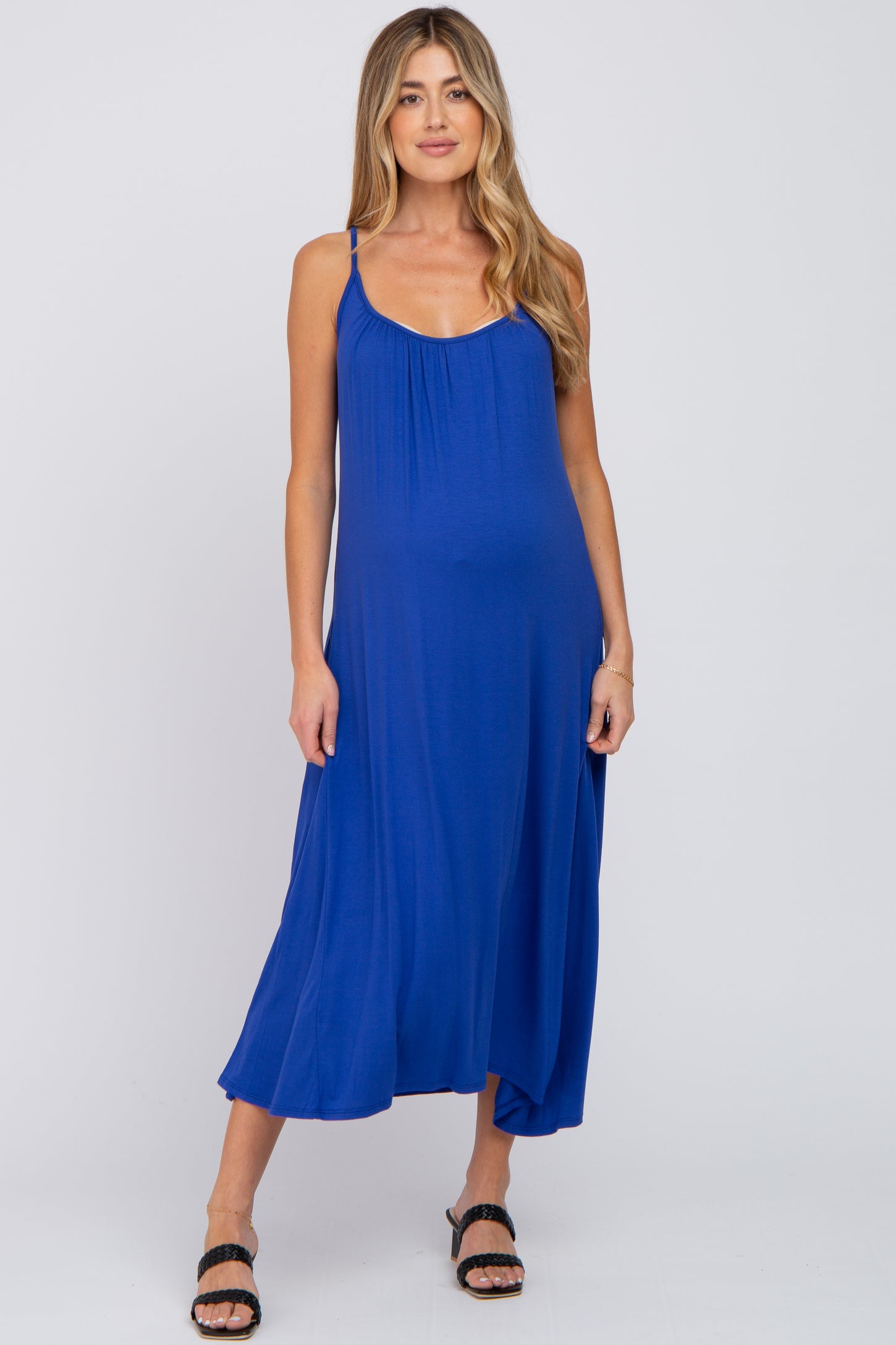 Royal Blue Solid Sleeveless Maternity Maxi Dress