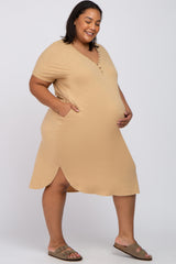 Camel Button Neck Round Hem Maternity Plus Dress