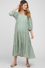 Light Olive Tiered Maternity Midi Dress