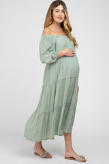 Light Olive Tiered Maternity Midi Dress