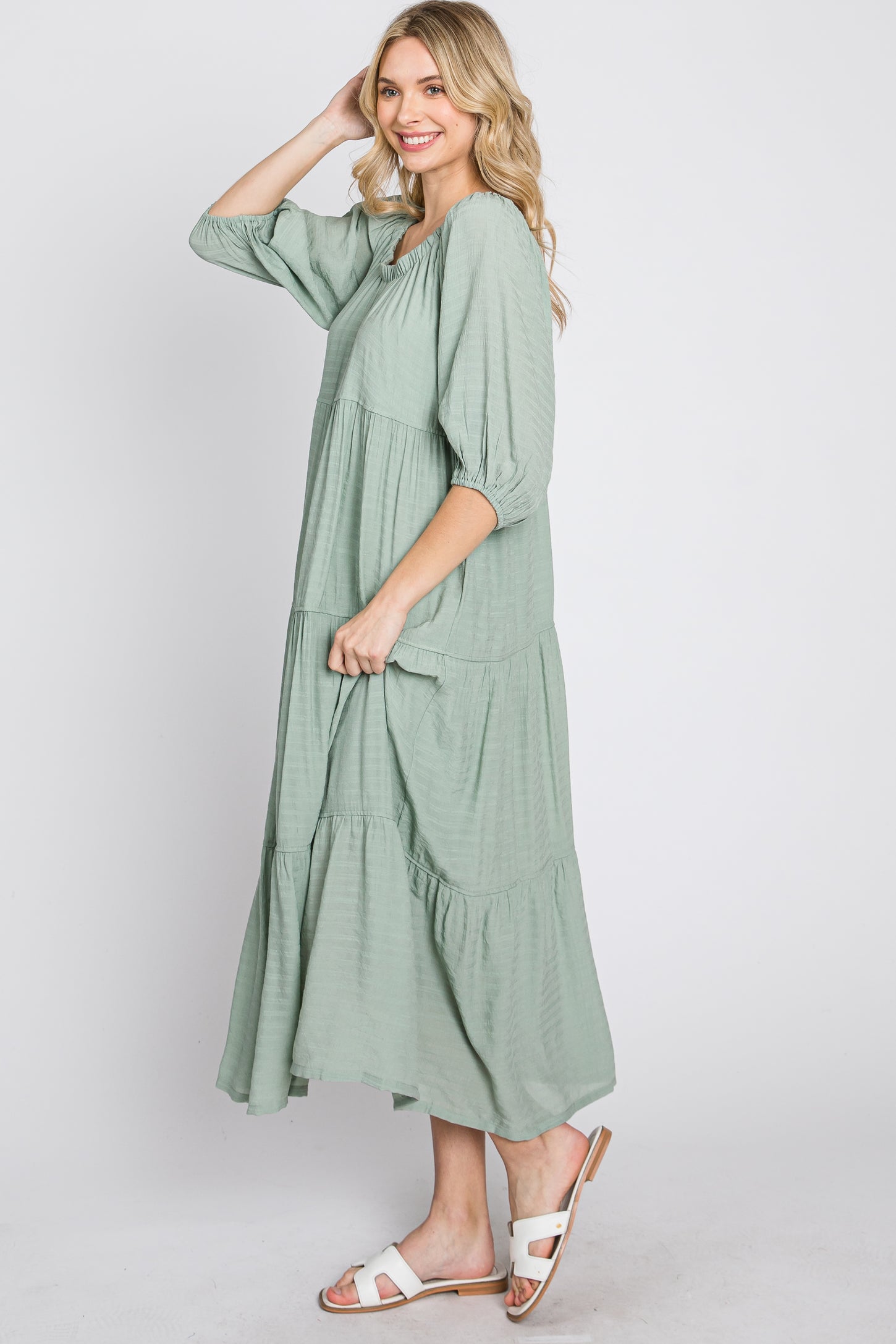 Light Olive Tiered Midi Dress– PinkBlush
