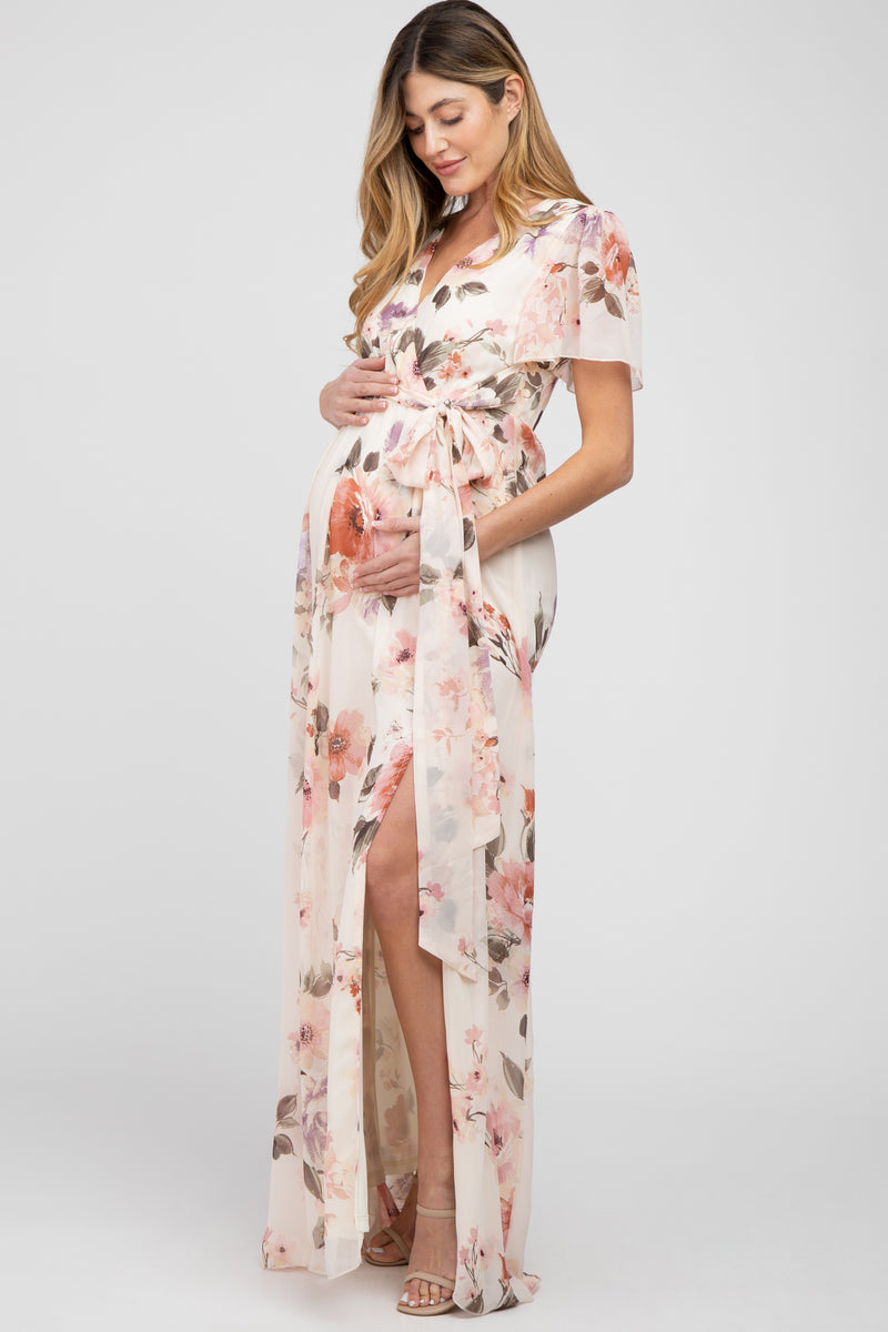 Cream Floral Chiffon Maternity Maxi Dress– PinkBlush