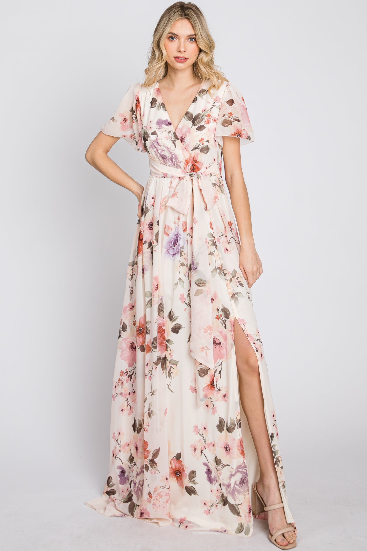 Cream Floral Chiffon Maxi Dress–
